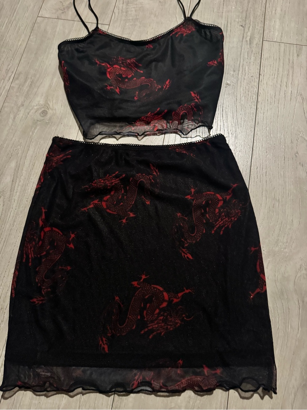 Source Unknown Black Mesh Mini Skirt with Red Dragon Print bit gothic Edgy sexy